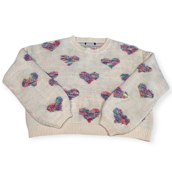 Cream Sweater With Raised Multi-Colored Hearts Size L - Picture 7 of 7